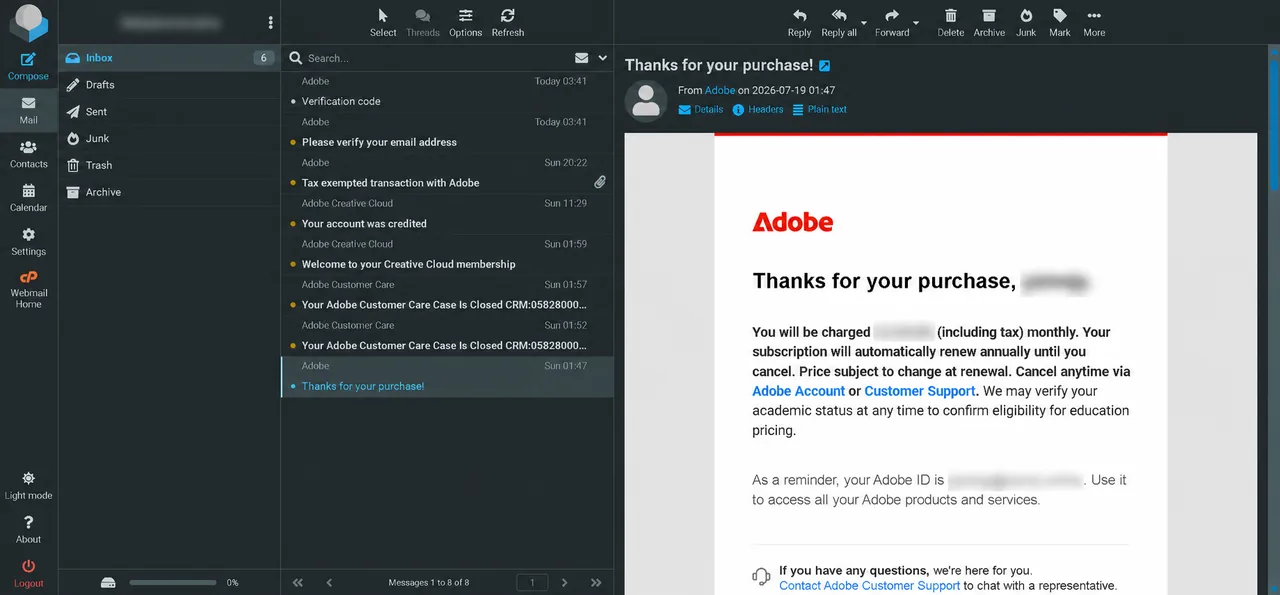 رسالة تأكيد شراء وعضوية Adobe حقيقية بعد إخفاء بيانات العميل
