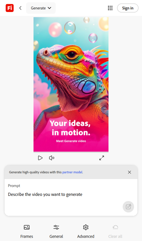 واجهة Adobe Firefly الفعلية لإنشاء فيديو من وصف نصي وإضافة إطار مرجعي