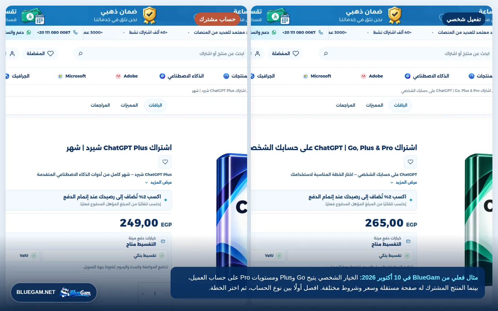 مقارنة صفحة ChatGPT الشخصي وChatGPT Plus المشترك على BlueGam