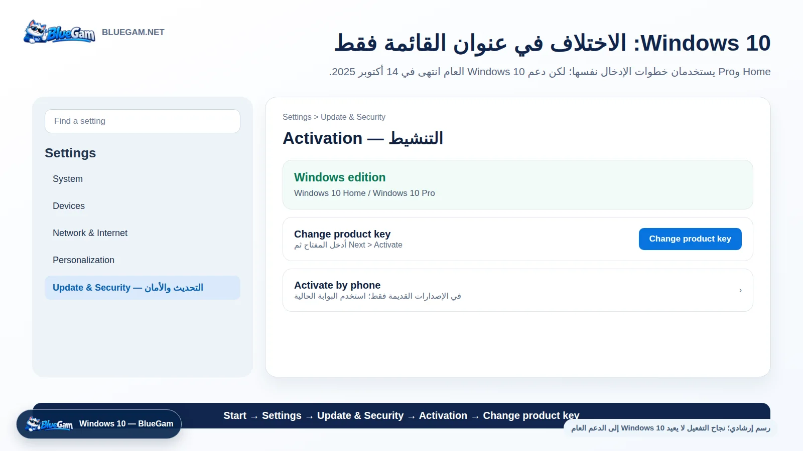 كيفية تنشيط ويندوز 10 من Update and Security ثم Activation